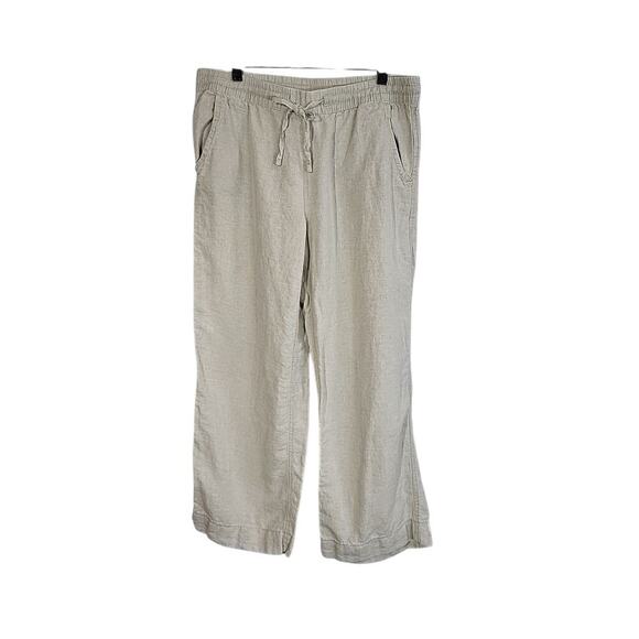LL Bean Wide Leg Linen Pants Women 14 Tan Drawstring Elastic Waist Beach Coastal - Picture 3 of 11